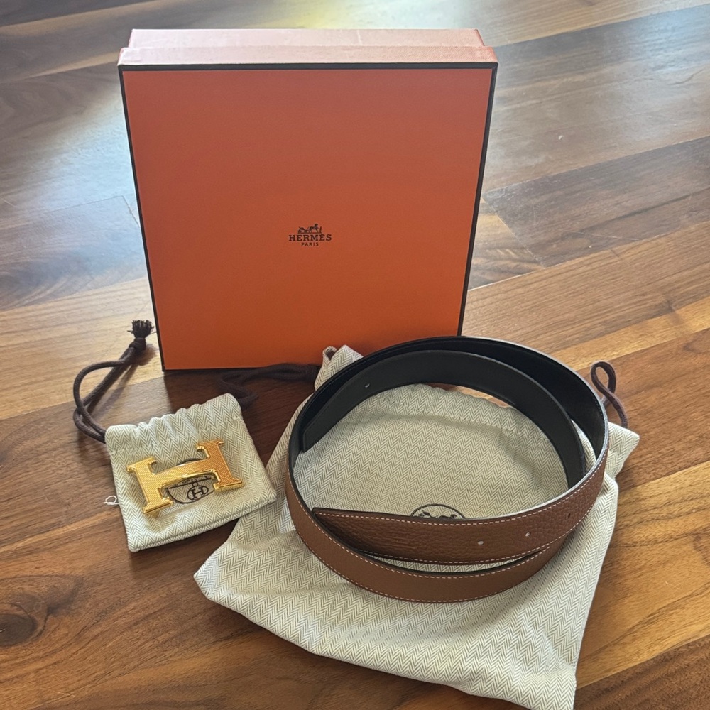 Hermes Brown Leather Belt with Gold Buckle